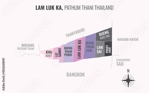 Map showing Lam Luk Ka District Pathum Thani Thailand divided into sub-districts with minimalist colorful patterns
.eps