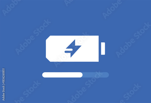 A white battery icon with a lightning bolt inside, accompanied by a partial progress bar on a blue background