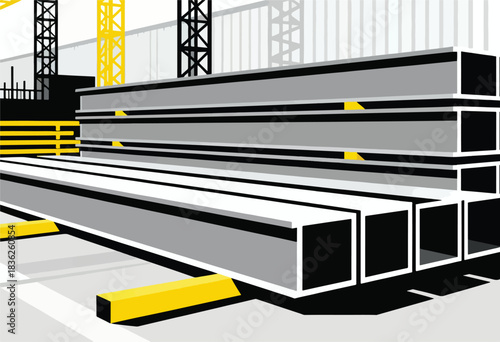 Geometric illustration featuring stacked steel beams, construction cranes, and industrial infrastructure