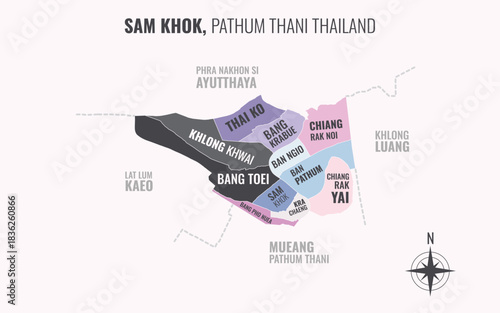 Map showing Sam Khok District Pathum Thani Thailand divided into sub-districts with minimalist colorful patterns
.eps