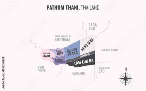 A map showing Pathum Thani Thailand divided into districts in a minimalist colorful style.eps