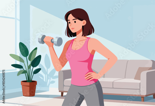 An illustrated woman in workout attire indoors, lifting a dumbbell, next to a plant and a couch