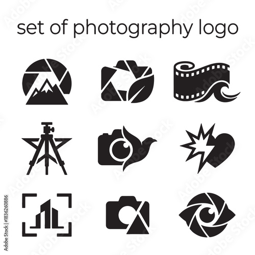 A modern set of creative photography logos and icons featuring diverse camera and aperture symbols, offering versatile vector design elements for innovative branding.