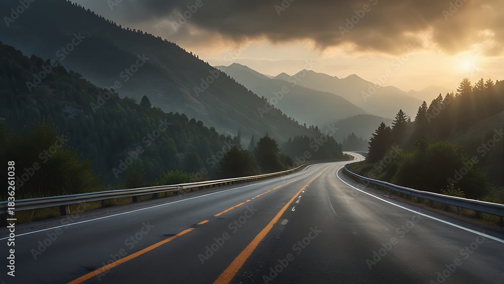 Naklejka premium Mountain Highway Wrapped in Soft Morning Haze