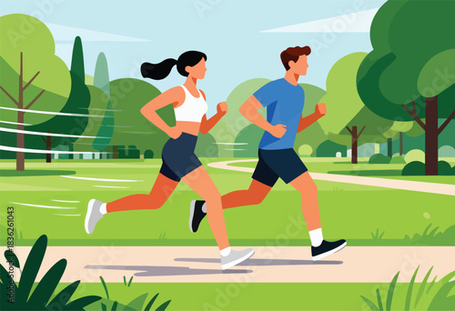 Illustration depicts a man and woman jogging together on a path in a park, surrounded by trees and green scenery