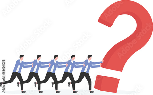 A group of business people worked together to knock down the huge question mark
