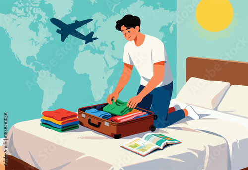 Illustration of a person packing a suitcase on a bed, with a map and an airplane silhouette in the background