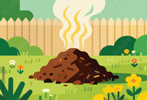 A cartoon compost pile in a backyard with a fence, surrounded by flowers, green grass, bushes, and steam