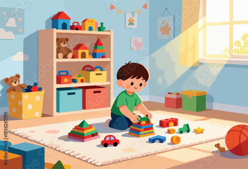 A child plays with blocks in a colorful playroom, surrounded by toys, shelves, and a window with sunlight