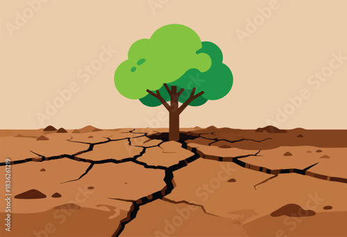 A vibrant green tree stands amidst cracked, parched earth, conveying drought. Earth tones dominate with simple geometric forms