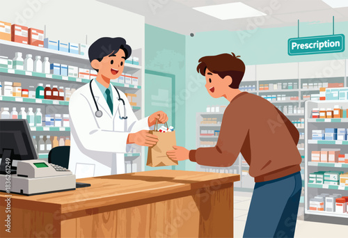 A pharmacist gives a customer a bag with medication in a pharmacy setting with prescription sign