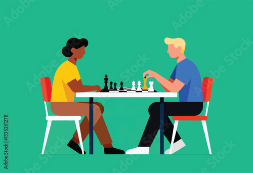 Two people play chess at a white table, sitting in chairs with red backs against a teal backdrop