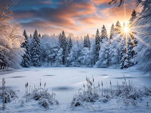 Wallpaper Mural Winter forest landscape with frozen lake and sunrise sky Torontodigital.ca