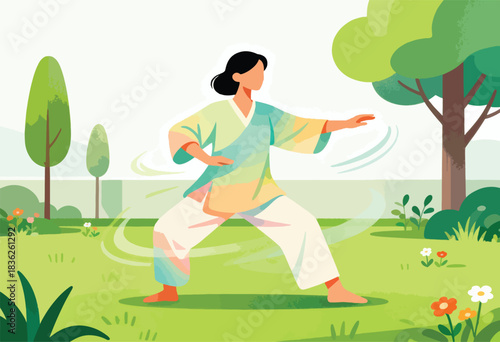 A person in a serene setting practices Tai Chi in a vibrant green garden. Trees and flowers surround