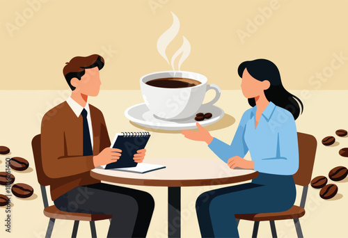 Illustration of two people at a table, with a cup of coffee. Coffee beans surround, one holds notepad