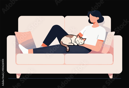 A person reclines on a couch with a sleeping cat. The illustration is a flat design in pastel tones