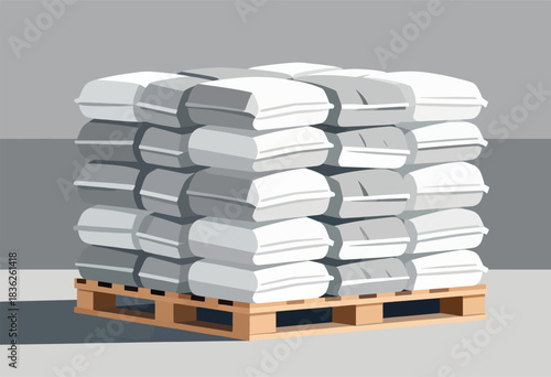 Illustration of stacked white bags, likely cement or construction materials, atop a wooden pallet in a warehouse-like setting