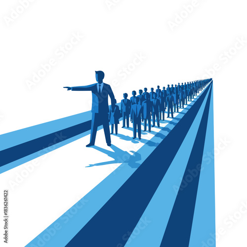 Businessman leader pointing the way forward for his team.