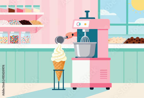 Cartoon ice cream shop scene. A cone is being filled by a machine. Various toppings are available. The sun shines
