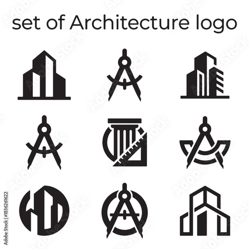 Modern Geometric Architecture Logo Set with Building and Construction Vector Icons, ideal design elements for real estate or engineering firms seeking a professional brand identity.
