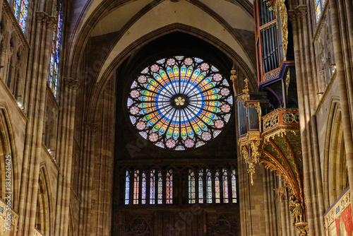 2024, 30 December, France, Alsace, Strasbourg: View of Notre Dame cathedral with frame houses