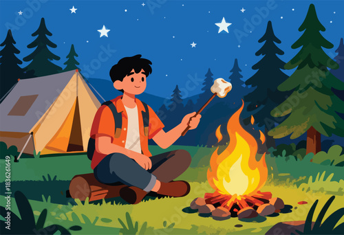 A person roasts a marshmallow over a campfire at night, next to a tent, under a starry sky