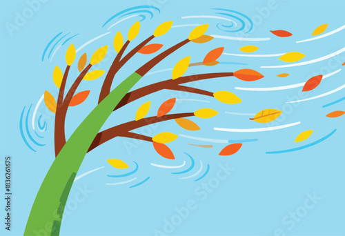 A cartoon tree is bent by wind, colored autumn leaves falling against a blue sky, with windy white streaks