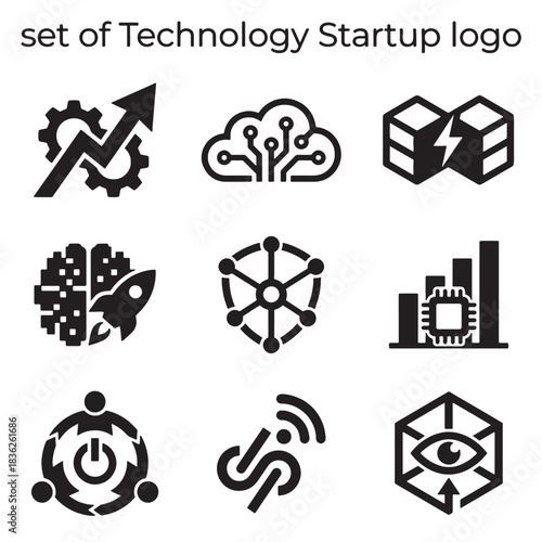 Modern technology startup logo icon set featuring sleek black vector graphics, representing digital innovation, network connectivity, and growth through insightful data for businesses.