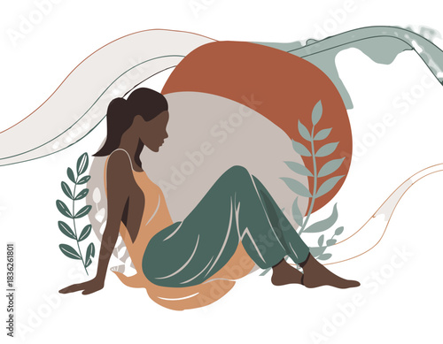 Stylized Portrait of a Woman with Dark Hair Seated Amongst Abstract Floral Shapes and Earth Tones