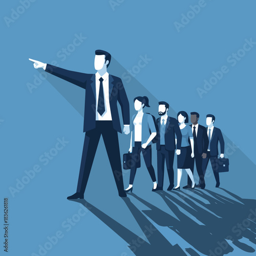 Leadership and teamwork concept with a business leader pointing the way forward.