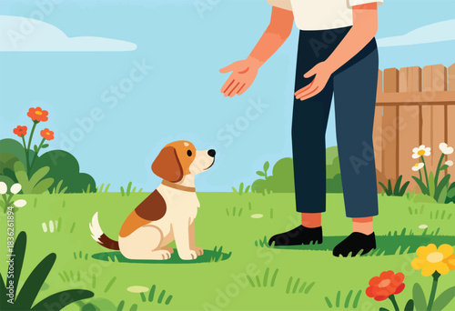 A seated dog looks up at a person with open hands, in a sunny garden with flowers, a fence, and sky