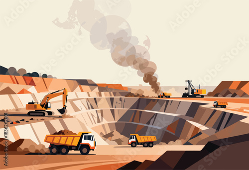 Illustration of a quarry with earth-moving equipment, trucks, and dust, set against a muted beige sky