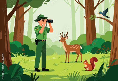 A forest ranger uses binoculars to observe forest life. A deer, bird and squirrel are also in the scene
