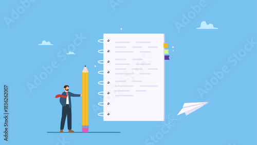 Businessman holding pencil writing message on notebook paper. Write note or message on notebook paper, writing document, memo or lecture, record information, diary or article.