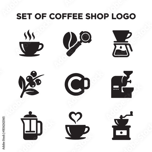 A diverse set of black coffee shop logo icons, featuring minimalist vector illustrations of brew equipment for easy branding and UI design.