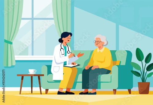 A doctor consults with an elderly patient on a teal couch, with a window, plants, and a side table