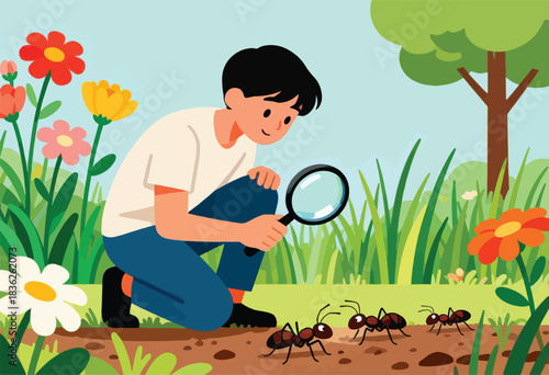A young boy uses a magnifying glass to observe ants in a grassy outdoor scene with flowers and a tree