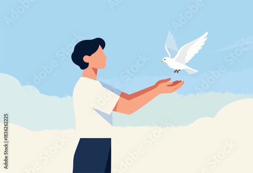 A person with dark hair releases a white dove against a blue sky with soft clouds, conveying a message of peace and freedom