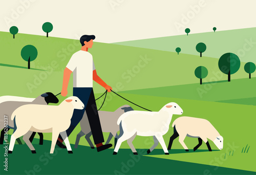 A shepherd leads a flock of sheep on a vibrant green field with trees, in a minimalist illustration style