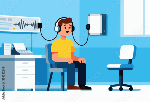 A person wearing headphones in a soundproof room for a hearing test. Equipment on a desk and a chair