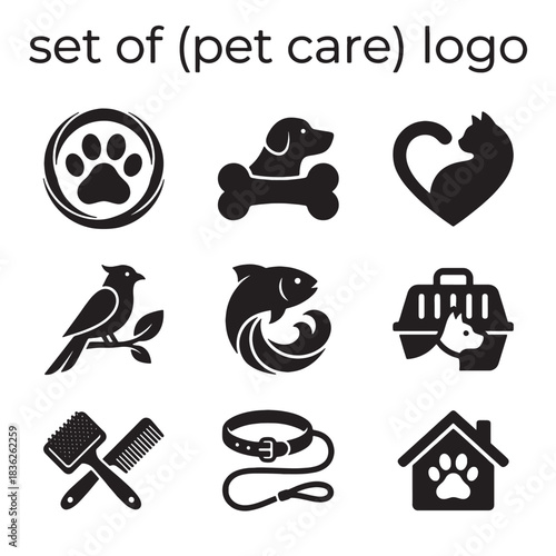Professional Pet Care Animal Icons Set in Vector Silhouette Design featuring Dog, Cat, and Paw for veterinary services, apps, and modern branding.