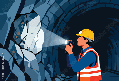 An illustration depicts a worker inside a mine, his flashlight illuminates rocks in the dark