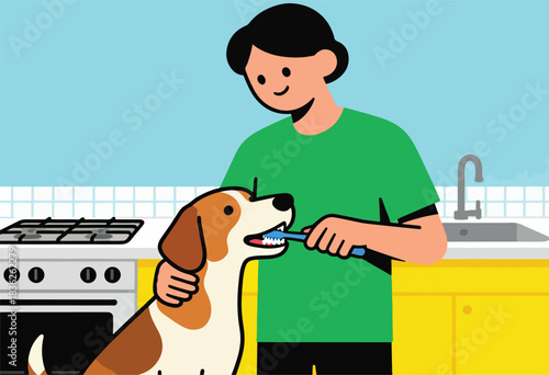 A person in green brushing a dog's teeth in a kitchen with stove, sink, and yellow cabinets