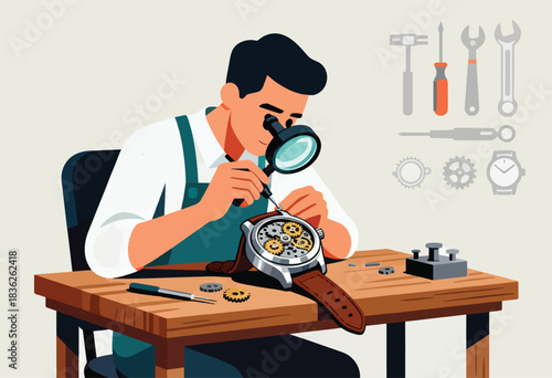 A watchmaker repairs a timepiece, using a loupe to inspect the inner workings. Tools are arranged above