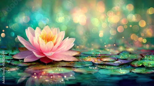 Wallpaper Mural Delicate pink water lily floats serenely upon deep blue water surrounded by glistening bokeh lights Torontodigital.ca