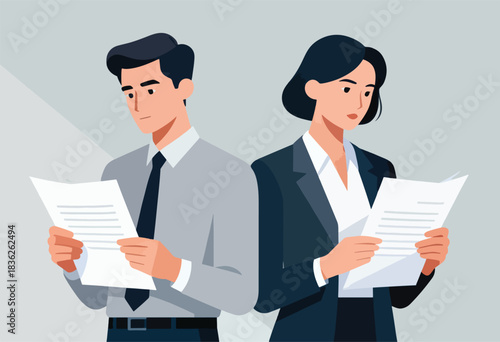 An illustration depicts two professionals, a man and a woman, side-by-side, each reading a document