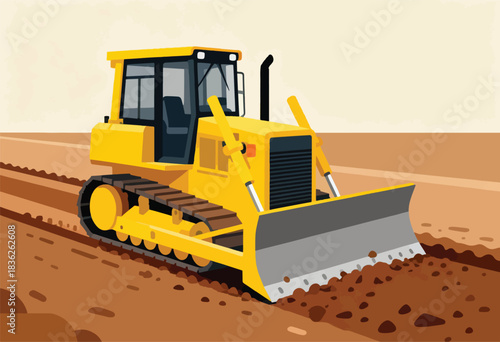 A yellow bulldozer, tracks on ground, pushing dirt. The ground is brown. Bright background