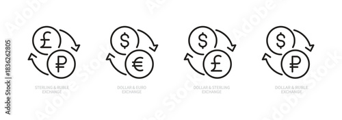 Currency exchange line icon set. Euro, dollar, russian ruble, franc, pound sterling. Circle arrow sign. Finance concept. World global money. Editable stroke. Vector illustration. Flat design.