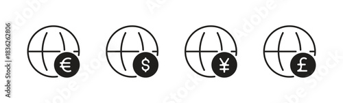 Global currency line black icon set. Euro, dollar, japanese yen, pound sterling. World, planet, earth sign. Money, finance concept. Editable stroke. Vector illustration. Isolated on a white background