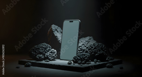 Mockup photo of Mobile Phone. Smartphone Screen as Clipping path. Dark Scene, surrounded by Concrete pieces